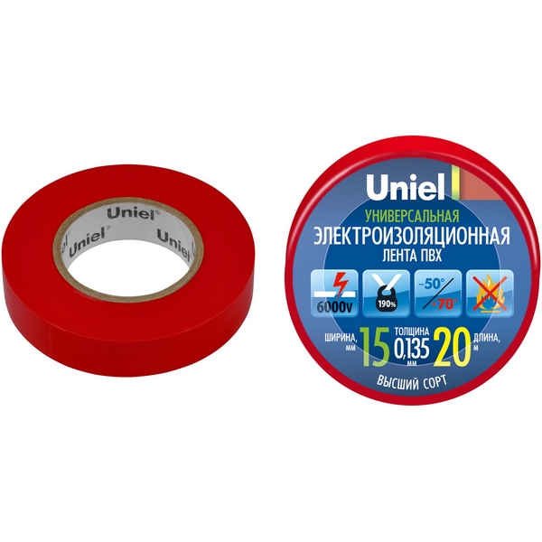 

Изоляционная лента 20м, 15мм, 0,135мм, 1шт, красный Uniel UIT-135P 20/15/01 RED, UIT-135P 20/15/01 RED