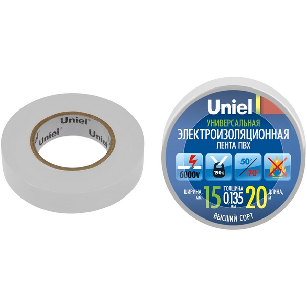 

Изоляционная лента 20м, 15мм, 0,135мм, 1шт, белый Uniel UIT-135P 20/15/01 WHT, UIT-135P 20/15/01 WHT