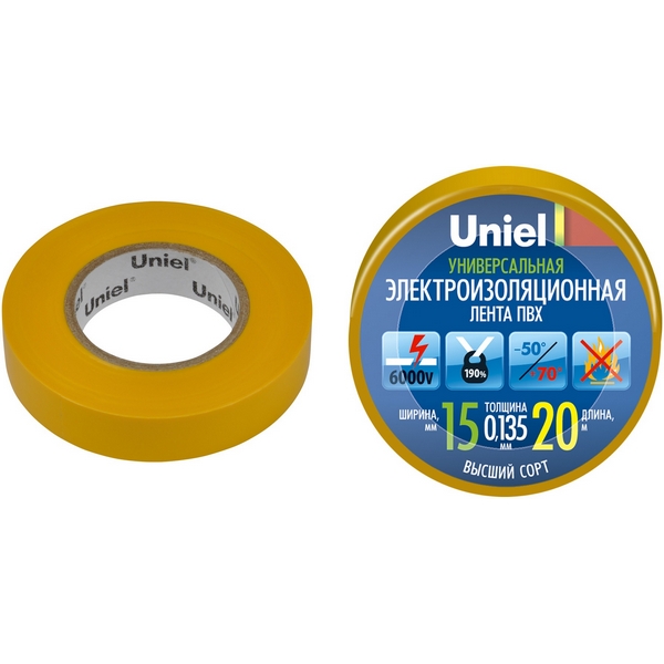 

Изоляционная лента 20м, 15мм, 0,135мм, 1шт, желтый Uniel UIT-135P 20/15/01 YEL, UIT-135P 20/15/01 YEL
