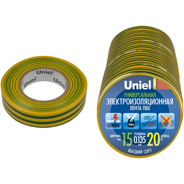 

Изоляционная лента 20м, 15мм, 0,135мм, 1шт, желто-зеленый Uniel UIT-135P 20/15/01 YGR, UIT-135P 20/15/01 YGR