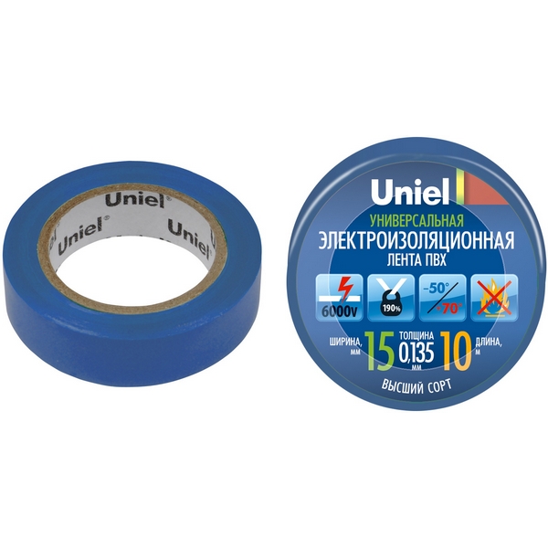 

Изоляционная лента 10м, 15мм, 0,135мм, 1шт, синий Uniel UIT-135P 10/15/01 BLU, UIT-135P 10/15/01 BLU