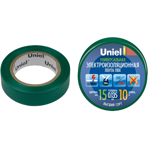 

Изоляционная лента 10м, 15мм, 0,135мм, 1шт, зеленый Uniel UIT-135P 10/15/01 GRN, UIT-135P 10/15/01 GRN