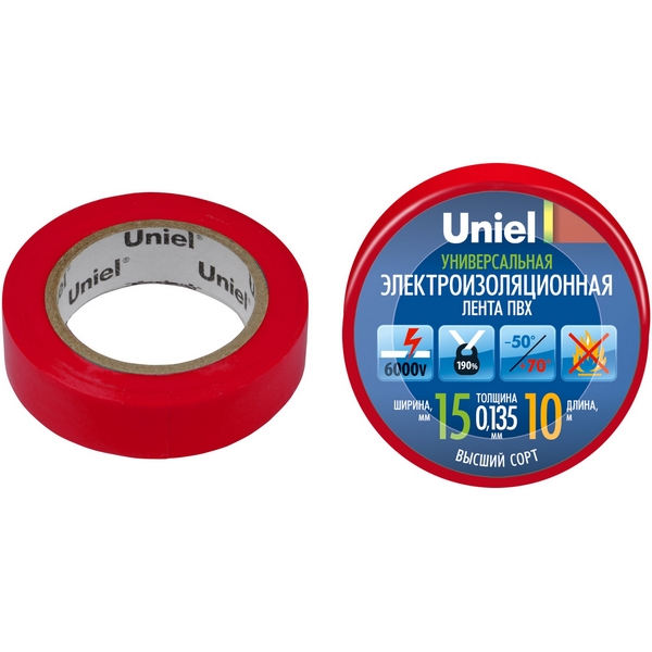 

Изоляционная лента 10м, 15мм, 0,135мм, 1шт, цвет красный Uniel UIT-135P 10/15/01 RED, UIT-135P 10/15/01 RED
