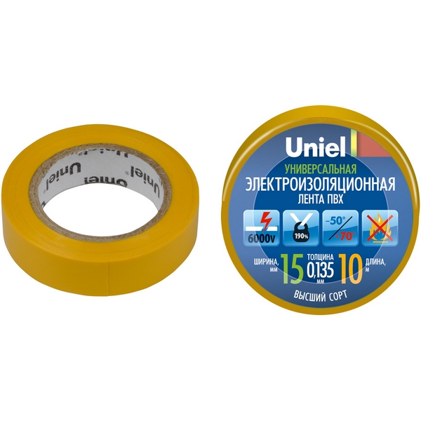 

Изоляционная лента 10м, 15мм, 0,135мм, 1шт, желтый Uniel UIT-135P 10/15/01 YEL, UIT-135P 10/15/01 YEL