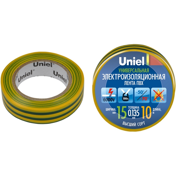 

Изоляционная лента 10м, 15мм, 0,135мм, 1шт, желто-зеленый Uniel UIT-135P 10/15/01 YGR, UIT-135P 10/15/01 YGR
