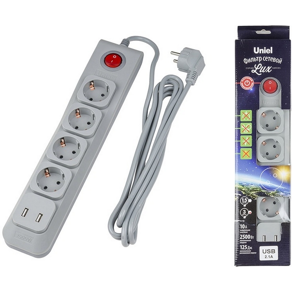 

Cетевой фильтр 3м (Пвс 3*0,75), 4 гнезда, с/з, 1USB(1A). 10А. защита от перенапряжения, короткого замыкания Uniel Lux S-GSL5-3U GREY, Серый, Lux S-GSL5-3U GREY