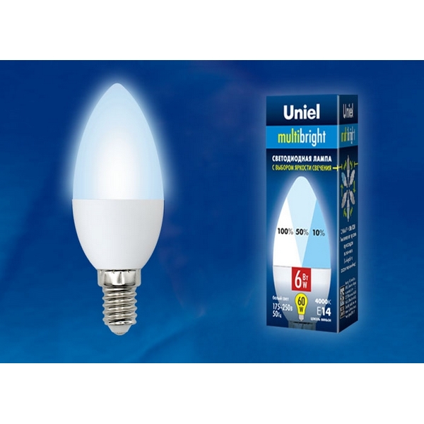 

Лампочка светодиодная LED-C37-6W/NW/E14/FR/MB PLM11WH картон Uniel, LED-C37-6W/NW/E14/FR/MB PLM11WH картон
