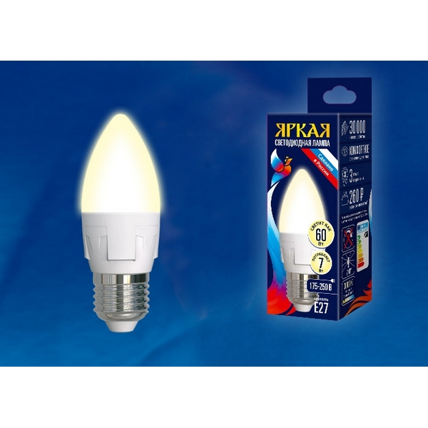 

Лампочка светодиодная LED-C37 7W/WW/E27/FR PLP01WH картон Uniel, LED-C37 7W/WW/E27/FR PLP01WH картон