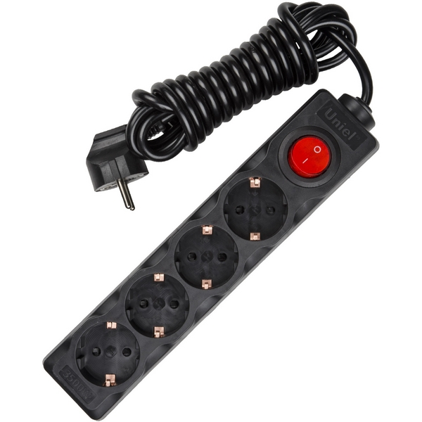 Изображение товара Удлинитель шнур 3м 4 гнезда с заземлением Uniel BLACK