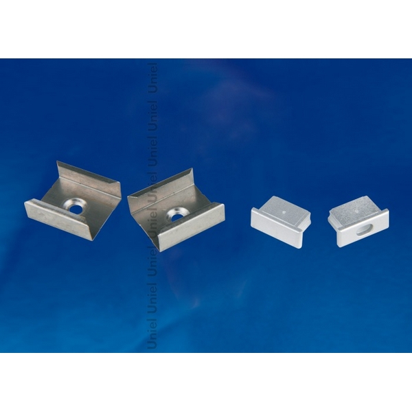 Изображение товара Набор аксессуаров для алюминиевого профиля (крепежные скобы и заглушки ) серебро Uniel UFE-N12 SILVER A POLYBAG