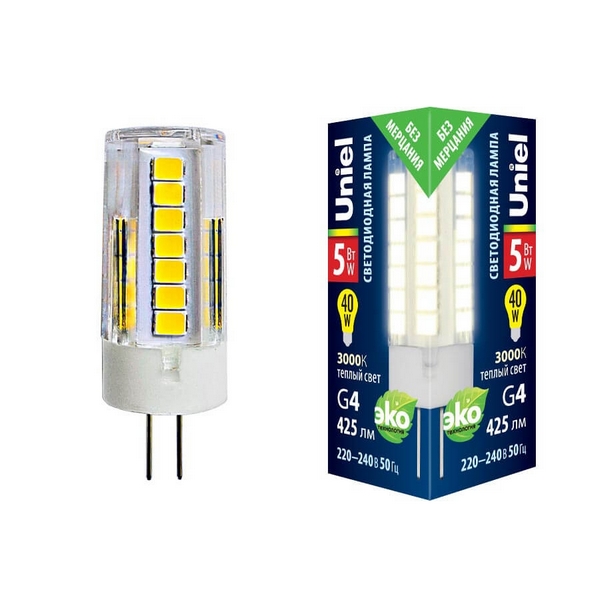 

Лампочка светодиодная LED-JC-220/5W/3000K/G4/CL GLZ09TR картон Uniel, LED-JC-220/5W/3000K/G4/CL GLZ09TR картон