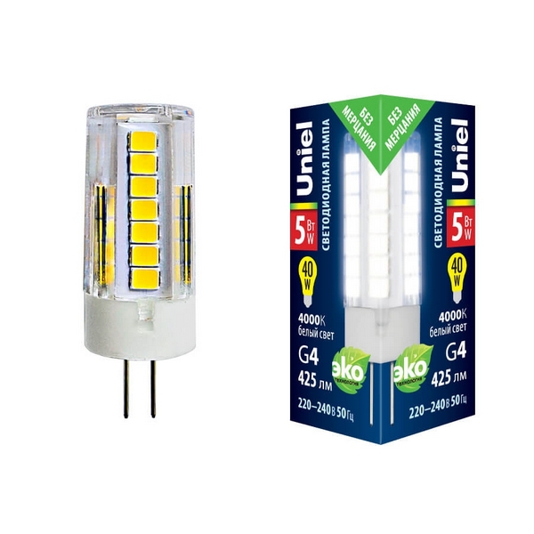 

Лампочка светодиодная LED-JC-220/5W/4000K/G4/CL GLZ09TR картон Uniel, LED-JC-220/5W/4000K/G4/CL GLZ09TR картон