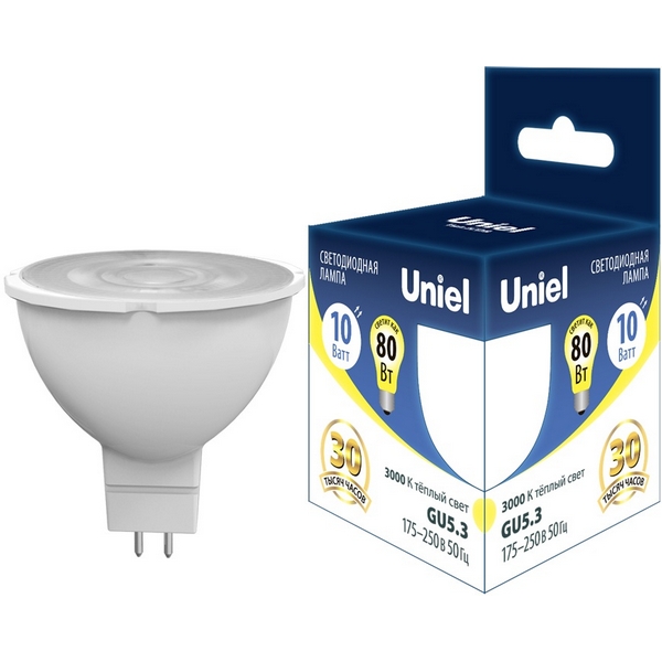 

Лампа светодиодная, форма "JCDR", матовая, теплый белый свет 3000K Uniel ACTION LED-JCDR-10W/3000K/GU5.3 PLS03WH, Action LED-JCDR-10W/3000K/GU5.3 PLS03WH