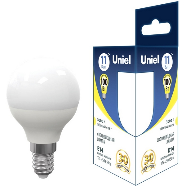 

Лампа светодиодная, форма "шар", матовая, теплый белый свет 3000K Uniel ACTION LED-G45-11W/3000K/E14/FR PLS03WH, Action LED-G45-11W/3000K/E14/FR PLS03WH