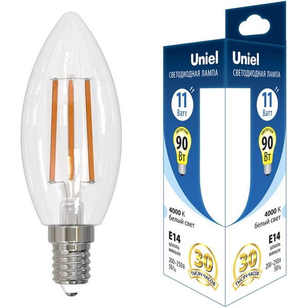 

Лампа светодиодная, форма "свеча", прозрачная, белый свет 4000K Uniel ACTION LED-C35-11W/4000K/E14/CL GLA03TR, Action LED-C35-11W/4000K/E14/CL GLA03TR