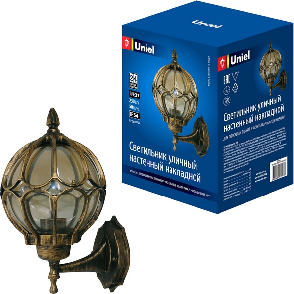 

Настенный светильник уличный под лампу Е27 золотистый Uniel UUL-S90A 60W/E27 IP54 GOLD, Золото, UUL-S90A 60W/E27 IP54 GOLD