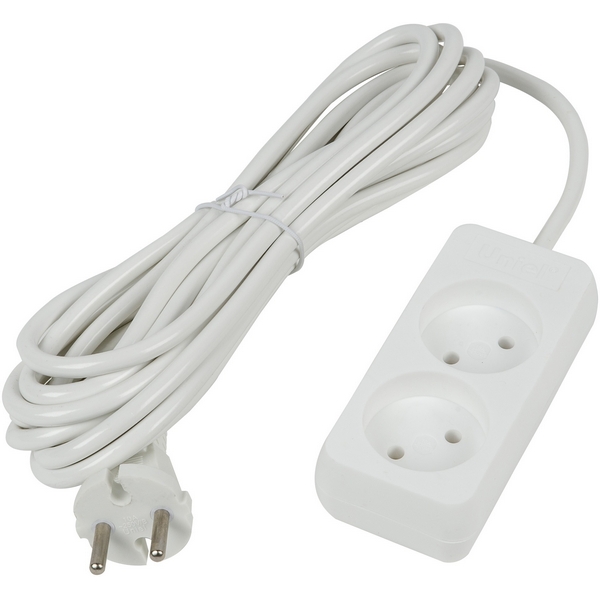 Изображение товара Удлинитель шнур 5м с 2 розетками 10А белый Uniel