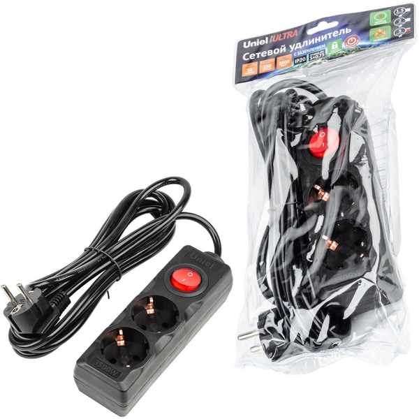 Изображение товара Удлинитель Uniel Ultra S-GCU2-3B BLACK 2 розетки 3м с заземлением и выключателем Изображение товара Удлинитель Uniel Ultra S-GCU2-3B BLACK 2 розетки 3м с заземлением и выключателем