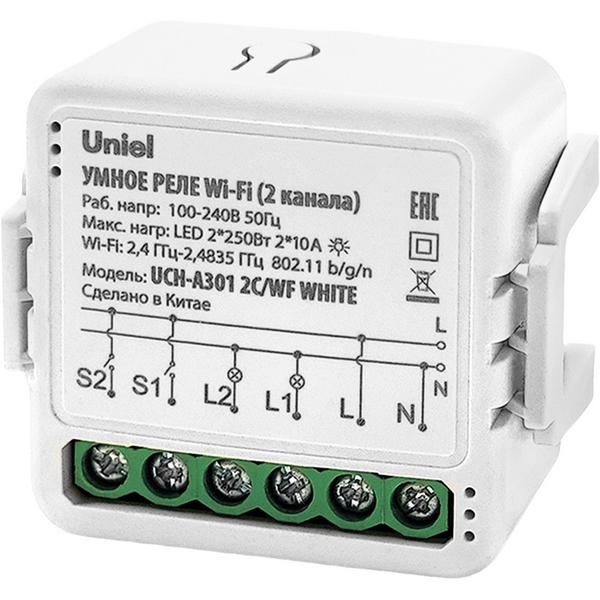 

Умное реле Wi-Fi. 2 канала. 100-240В. 2*10А. 2*2200Вт. 2*250Вт для светодиодов. Встраиваемое. Голосовое управление приложение UnielSmart Uniel UCH-A301 2C/WF WHITE, UCH-A301 2C/WF WHITE
