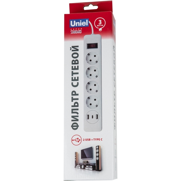 

Сетевой фильтр шнур 3м (Пвс 3х0,75), 4 гнезда, с/з, 2USB+1TYPE C, 10A, 2500Вт. белый/серый Uniel Standard S-GSR4-3 U2C1 WHITE/GREY, Standard S-GSR4-3 U2C1 WHITE/GREY