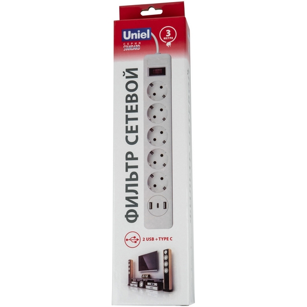 Изображение товара Сетевой фильтр шнур 3м 5 гнезд с USB и Type C белый серый Uniel