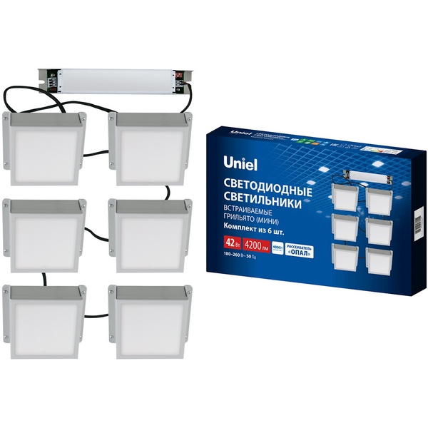 

Светильники светодиодные потолочные встраиваемые, комплект из 6 штук 4000K для ячеек 100x100мм в комплекте с и/п Uniel Grilyato Opal ULP-1010-42W/4000K IP54 GRILYATO OPAL WHITE KIT06, Белый, Grilyato Opal ULP-1010-42W/4000K IP54 GRILYATO OPAL WHITE KIT06