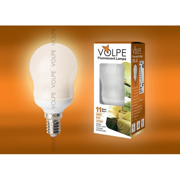 

Лампочка энергосберегающая CFL-G 45 220-240V 11W E14 2700K картон (Volpe), CFL-G 45 220-240V 11W E14 2700K картон