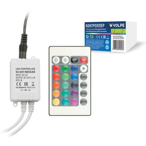 

Контроллер для управления светодиодными RGB лентами 12V, с пультом ДУ ИК Volpe ULC-Q431 RGB BLACK, ULC-Q431 RGB BLACK