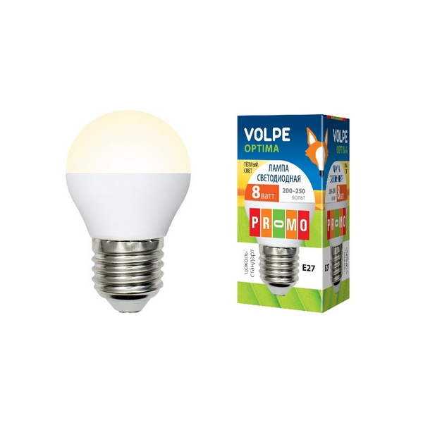 

Лампочка светодиодная LED-G45-8W/WW/E27/FR/O картон (Volpe), LED-G45-8W/WW/E27/FR/O картон