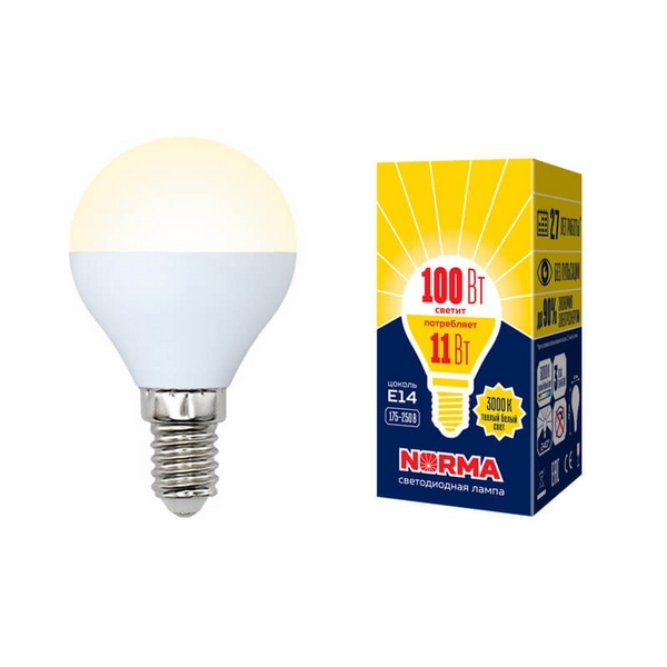 

Лампочка светодиодная LED-G45-11W/WW/E14/FR/NR картон Volpe, LED-G45-11W/WW/E14/FR/NR картон