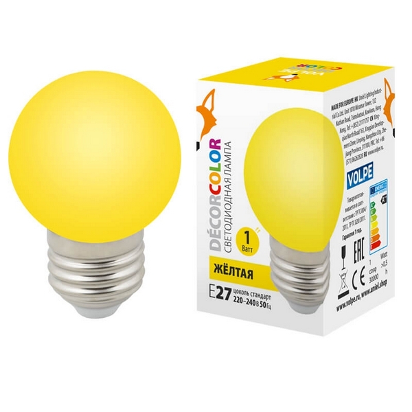 

Лампочка светодиодная Volpe LED-G45-1W/YELLOW/E27/FR/С, LED-G45-1W/YELLOW/E27/FR/С