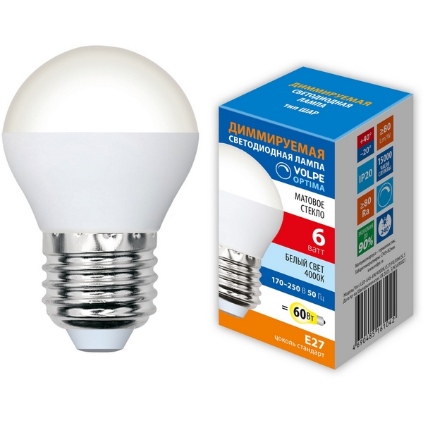 

Лампа светодиодная, диммируемая, форма "шар", матовая, белый свет 4000K Volpe OPTIMA DIM LED-G45-6W/4000K/E27/FR/DIM/SLS, OPTIMA DIM LED-G45-6W/4000K/E27/FR/DIM/SLS