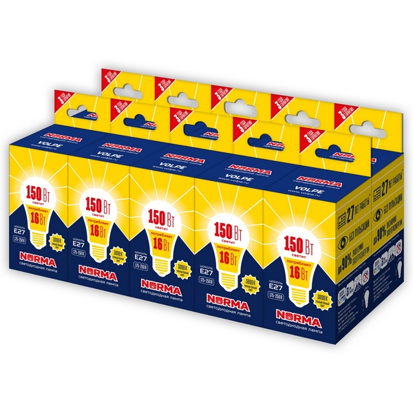 

Лампа светодиодная, матовая, теплый белый свет 3000K Volpe Norma LED-A60-16W/WW/E27/FR/NR Набор из 10штук, Norma LED-A60-16W/WW/E27/FR/NR Набор из 10штук
