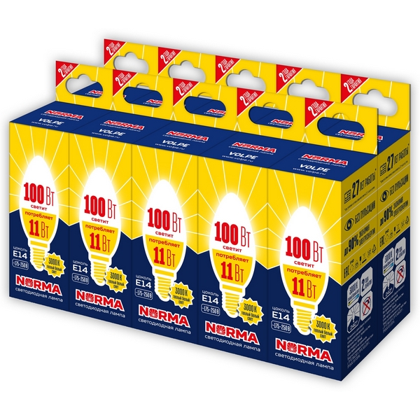 

Лампа светодиодная, матовая, теплый белый свет 3000K Volpe Norma LED-C37-11W/WW/E14/FR/NR Набор из 10штук, Norma LED-C37-11W/WW/E14/FR/NR Набор из 10штук