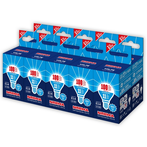 

Лампа светодиодная Volpe Norma LED-G45-11W/NW/E14/FR/NR Набор из 10штук шар матовая белый свет 4000K, Norma LED-G45-11W/NW/E14/FR/NR Набор из 10штук