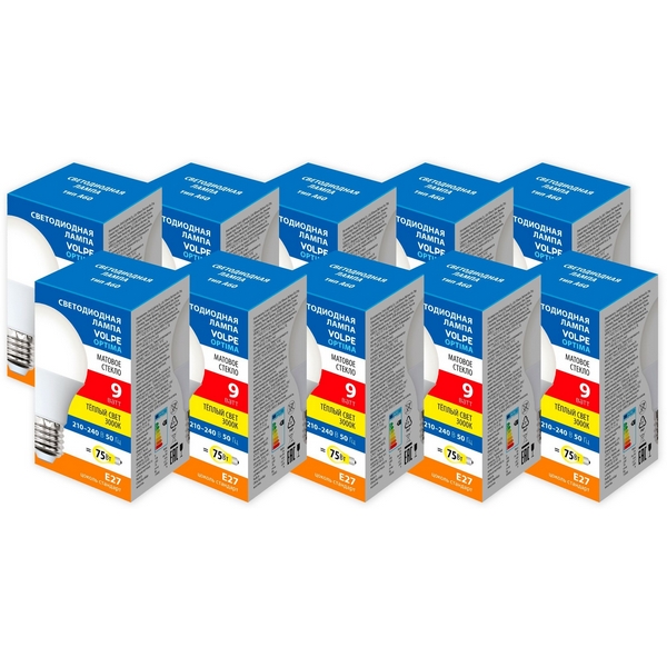 Изображение товара Лампочка светодиодная E27 9Вт Volpe OPTIMA LED-A60-9W/3000K/E27/FR/SLS SET10 Изображение товара Лампочка светодиодная E27 9Вт Volpe OPTIMA LED-A60-9W/3000K/E27/FR/SLS SET10