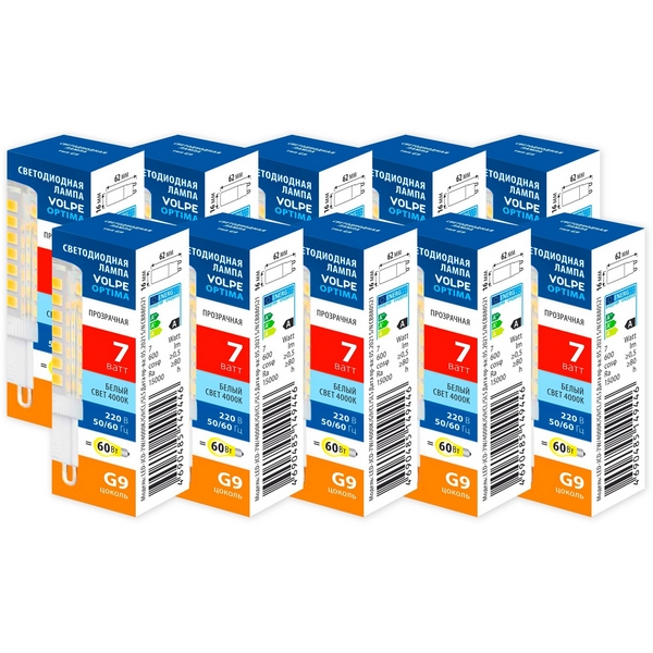 

Лампа светодиодная Volpe Optima LED-JCD-7W/4000K/G9/CL/SLS Набор из 10штук форма "JCD" прозрачная белый свет 4000K, Optima LED-JCD-7W/4000K/G9/CL/SLS Набор из 10штук