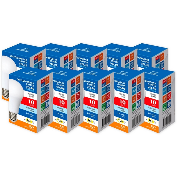 Изображение товара Лампа Volpe LED-A60-10W/4000K/E27/FR/SLS Набор из 10 шт