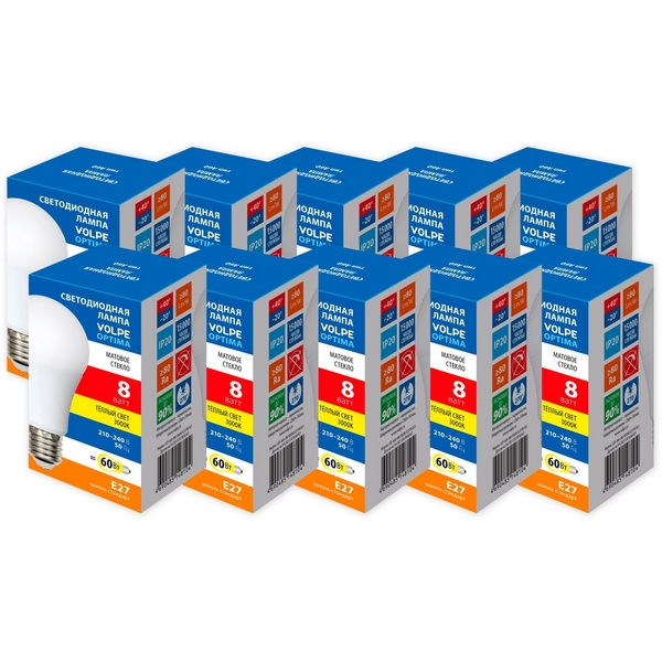 

Лампа светодиодная Volpe Optima LED-A60-8W/3000K/E27/FR/SLS Набор из 10штук матовая теплый белый свет 3000K, Optima LED-A60-8W/3000K/E27/FR/SLS Набор из 10штук