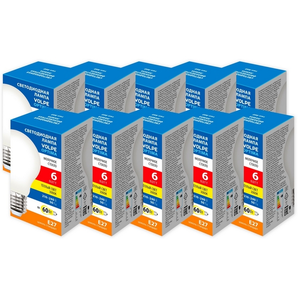 Изображение товара Лампа Volpe LED-A60-6W/3000K/E27/FR/SLF Набор из 10шт