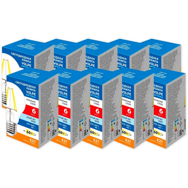 

Лампа светодиодная Volpe Optima Филамент LED-A60-6W/4000K/E27/CL/SLF Набор из 10штук прозрачная белый свет 4000K, Optima Филамент LED-A60-6W/4000K/E27/CL/SLF Набор из 10штук