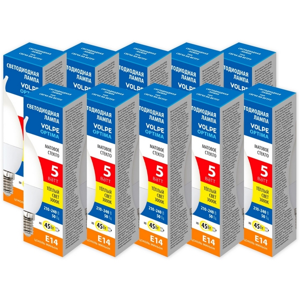 

Лампа светодиодная Volpe Optima LED-CW37-5W/3000K/E14/FR/SLS Набор из 10штук свеча на ветру матовая теплый белый свет 3000K, Optima LED-CW37-5W/3000K/E14/FR/SLS Набор из 10штук