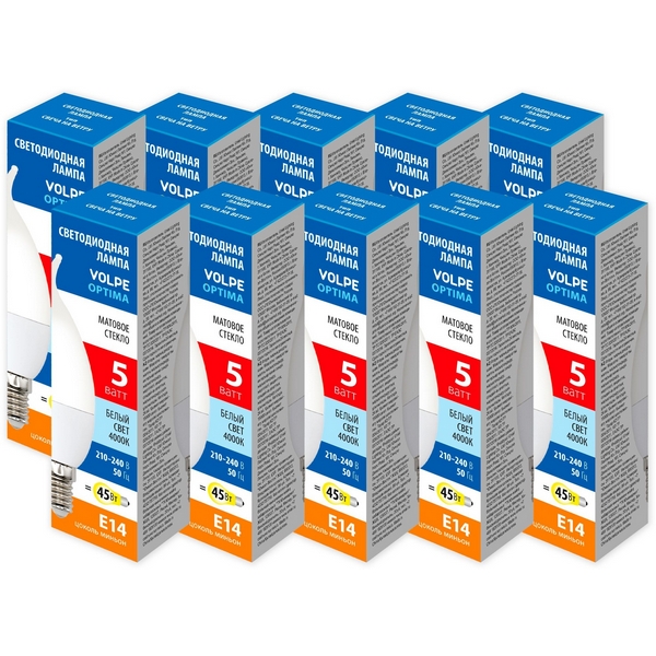 

Лампа светодиодная Volpe Optima LED-CW37-5W/4000K/E14/FR/SLS Набор из 10штук свеча на ветру матовая белый свет 4000K, Optima LED-CW37-5W/4000K/E14/FR/SLS Набор из 10штук