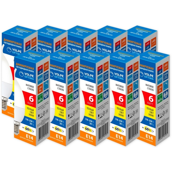 

Лампа светодиодная диммируемая Volpe Optima DIM LED-CW37-6W/3000K/E14/FR/DIM/SLS Набор из 10штук свеча на ветру матовая теплый белый свет 3000K, OPTIMA DIM LED-CW37-6W/3000K/E14/FR/DIM/SLS Набор из 10штук