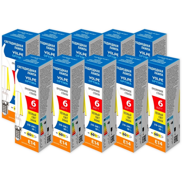 

Лампа светодиодная Volpe Optima Филамент LED-CW35-6W/3000K/E14/CL/SLF Набор из 10штук свеча на ветру прозрачная теплый белый свет 3000К, Optima Филамент LED-CW35-6W/3000K/E14/CL/SLF Набор из 10штук