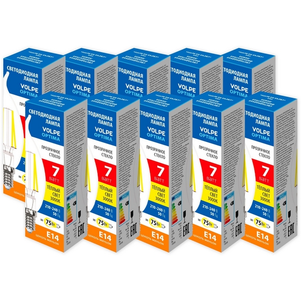 

Лампа светодиодная Volpe Optima Филамент LED-CW35-7W/3000K/E14/CL/SLF Набор из 10штук свеча на ветру прозрачная теплый белый свет 3000К, Optima Филамент LED-CW35-7W/3000K/E14/CL/SLF Набор из 10штук