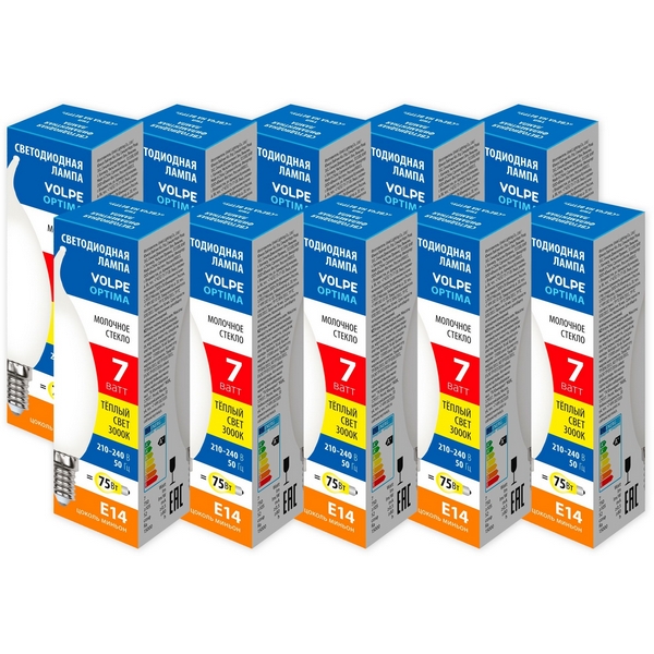 Изображение товара Светодиодная лампа Volpe LED-CW35-7W/3000K/E14/FR/SLF Набор из 10 шт
