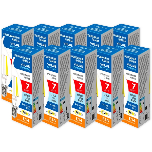 

Лампа светодиодная Volpe Optima Филамент LED-CW35-7W/4000K/E14/CL/SLF Набор из 10штук свеча на ветру прозрачная белый свет 4000К, Optima Филамент LED-CW35-7W/4000K/E14/CL/SLF Набор из 10штук