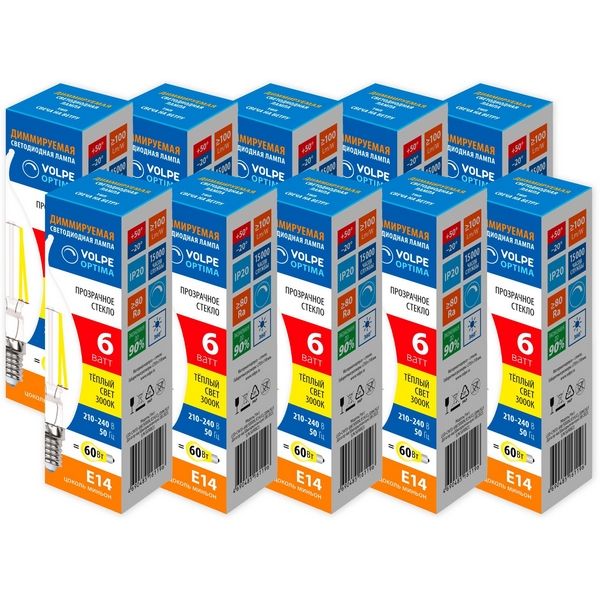 

Лампа светодиодная диммируемая свеча на ветру Volpe Optima DIM Филамент DIM LED-CW35-6W/3000K/E14/CL/DIM/SLF Набор из 10штук прозрачная теплый белый свет 3000K, Optima DIM Филамент LED-CW35-6W/3000K/E14/CL/DIM/SLF Набор из 10штук