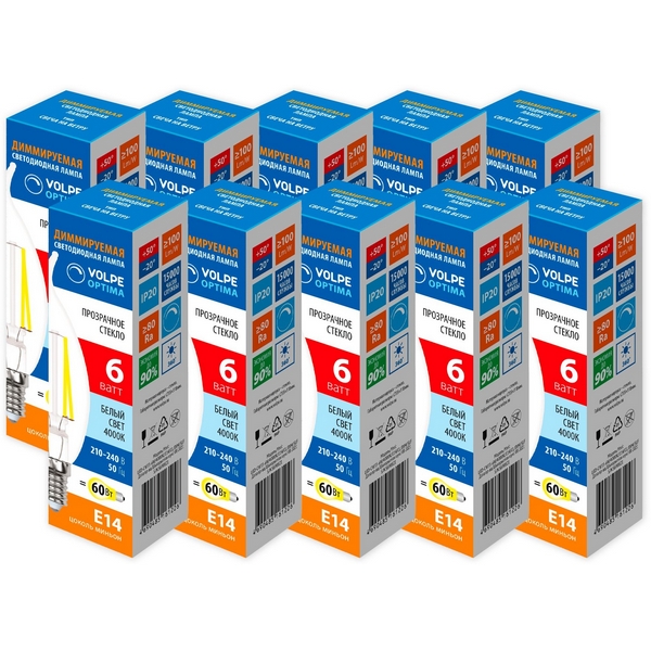 Изображение товара Лампа светодиодная диммируемая Volpe Optima DIM Филамент LED-CW35-6W/4000K/E14/CL/DIM/SLF Набор из 10штук свеча на ветру прозрачная белый свет 4000K